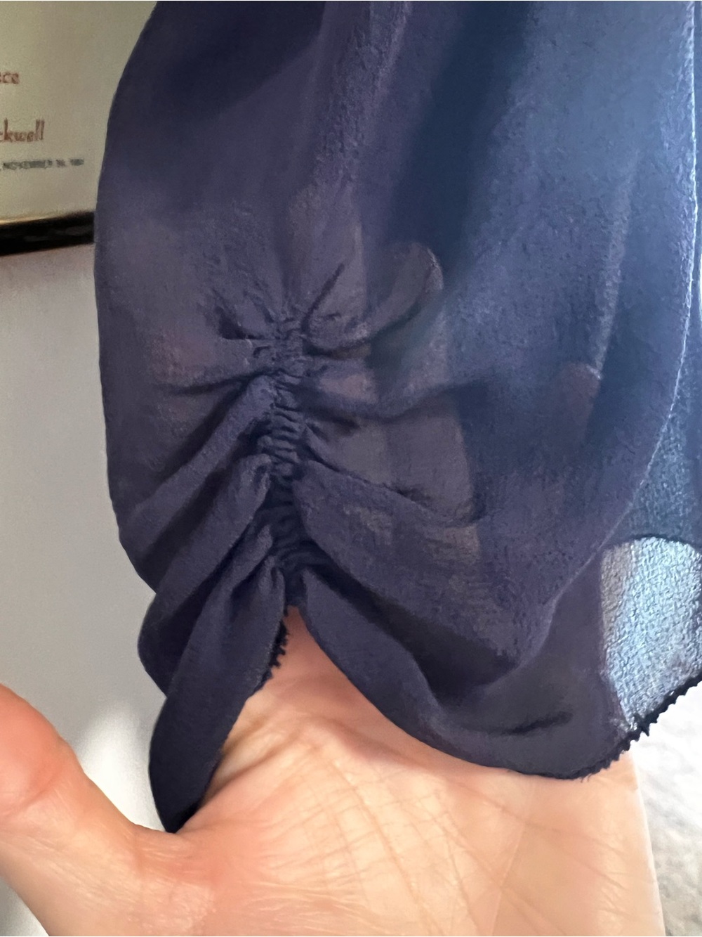BABATON 100% Silk Sheer Ruffle Blouse Draped Boho Luxe Navy Medium Top - Picture 10 of 10